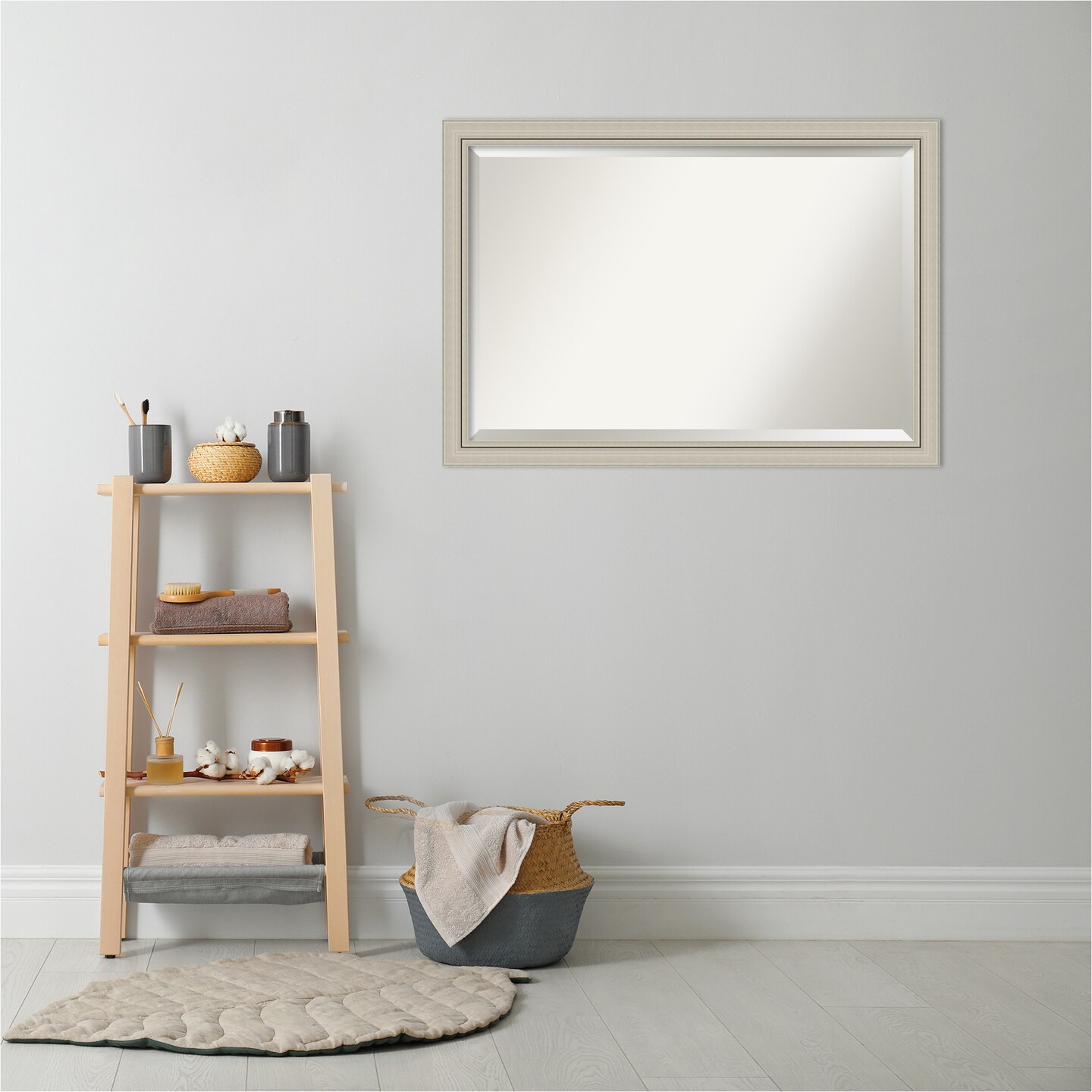 Beveled Wood Bathroom Wall Mirror, Romano Silver Narrow Frame