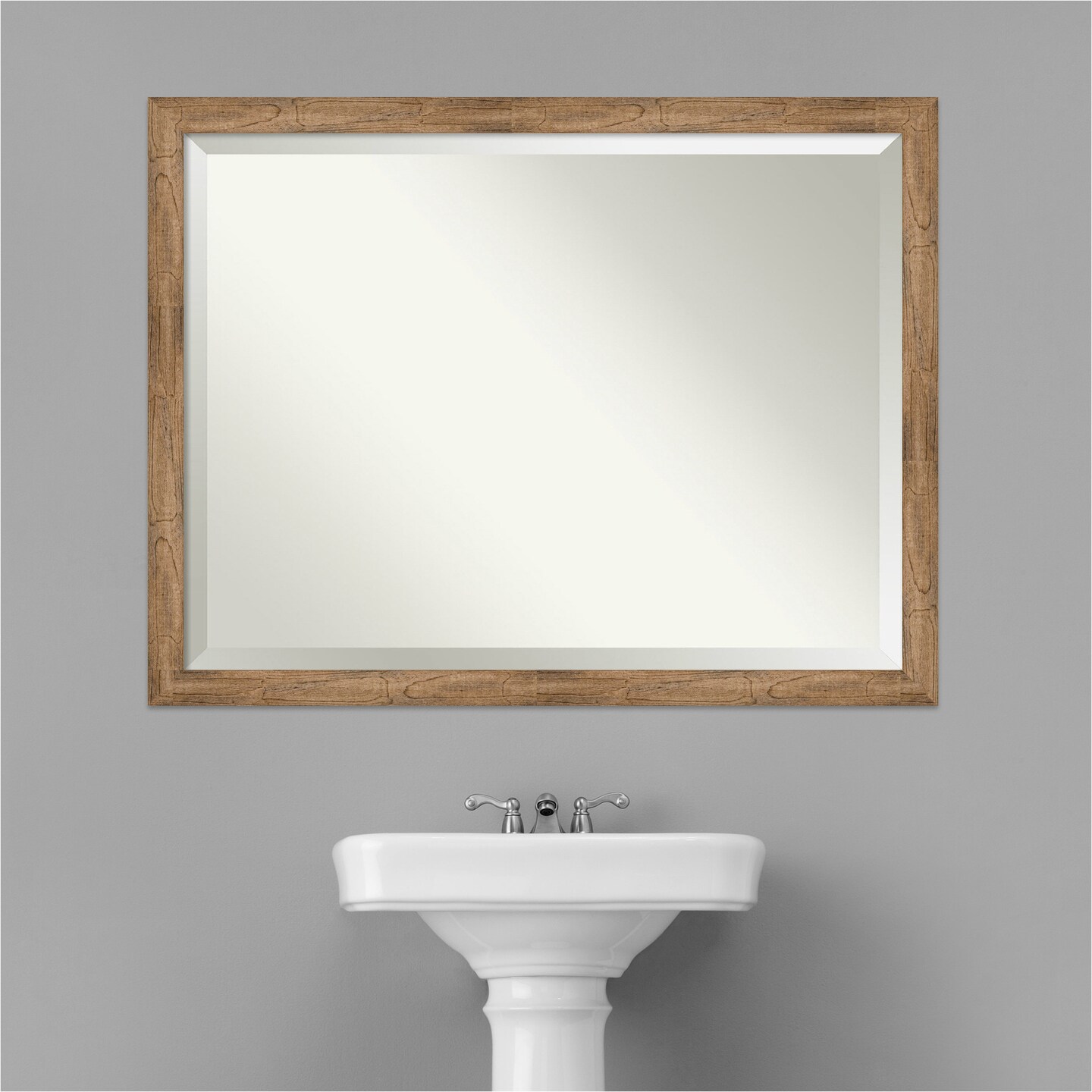 Beveled Wood Bathroom Wall Mirror, Owl Brown Narrow Frame