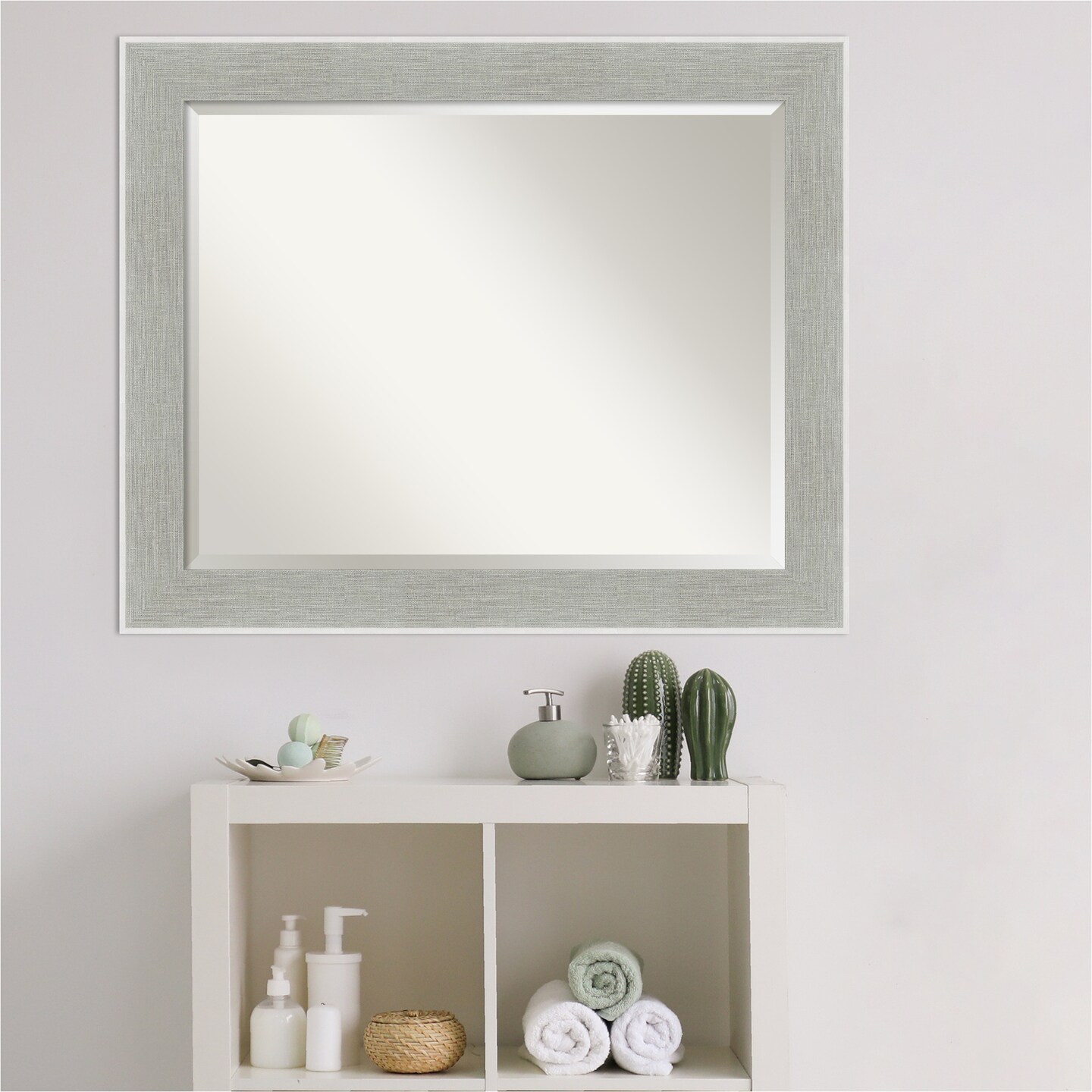 Beveled Bathroom Wall Mirror, Glam Linen Grey Frame