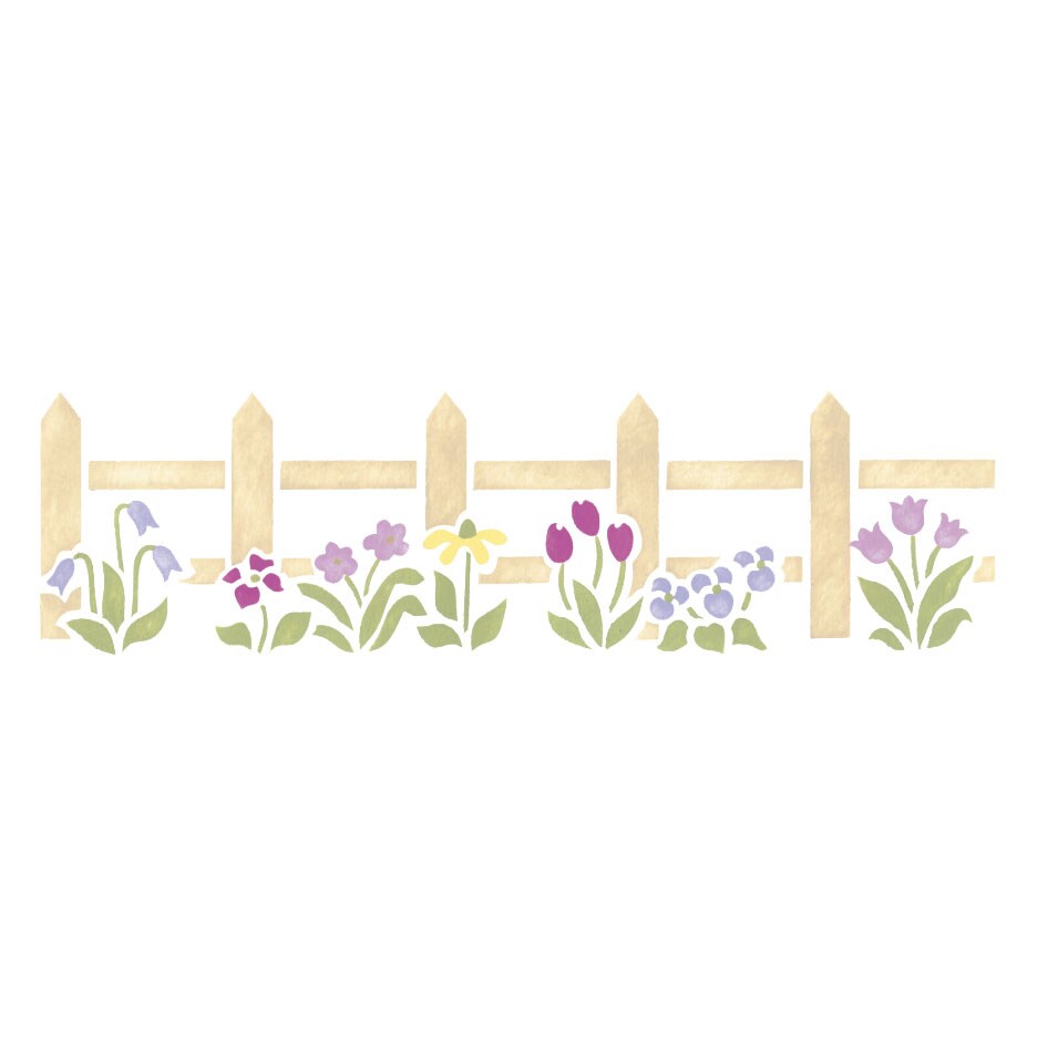 Picket Fence with Flowers Wall Stencil | 1590 by Designer Stencils | Pattern Stencils | Reusable Stencils for Painting | Safe &#x26; Reusable Template for Wall Decor | Try This Stencil Instead of a Wallpaper | Easy to Use &#x26; Clean Art Stencil Pattern
