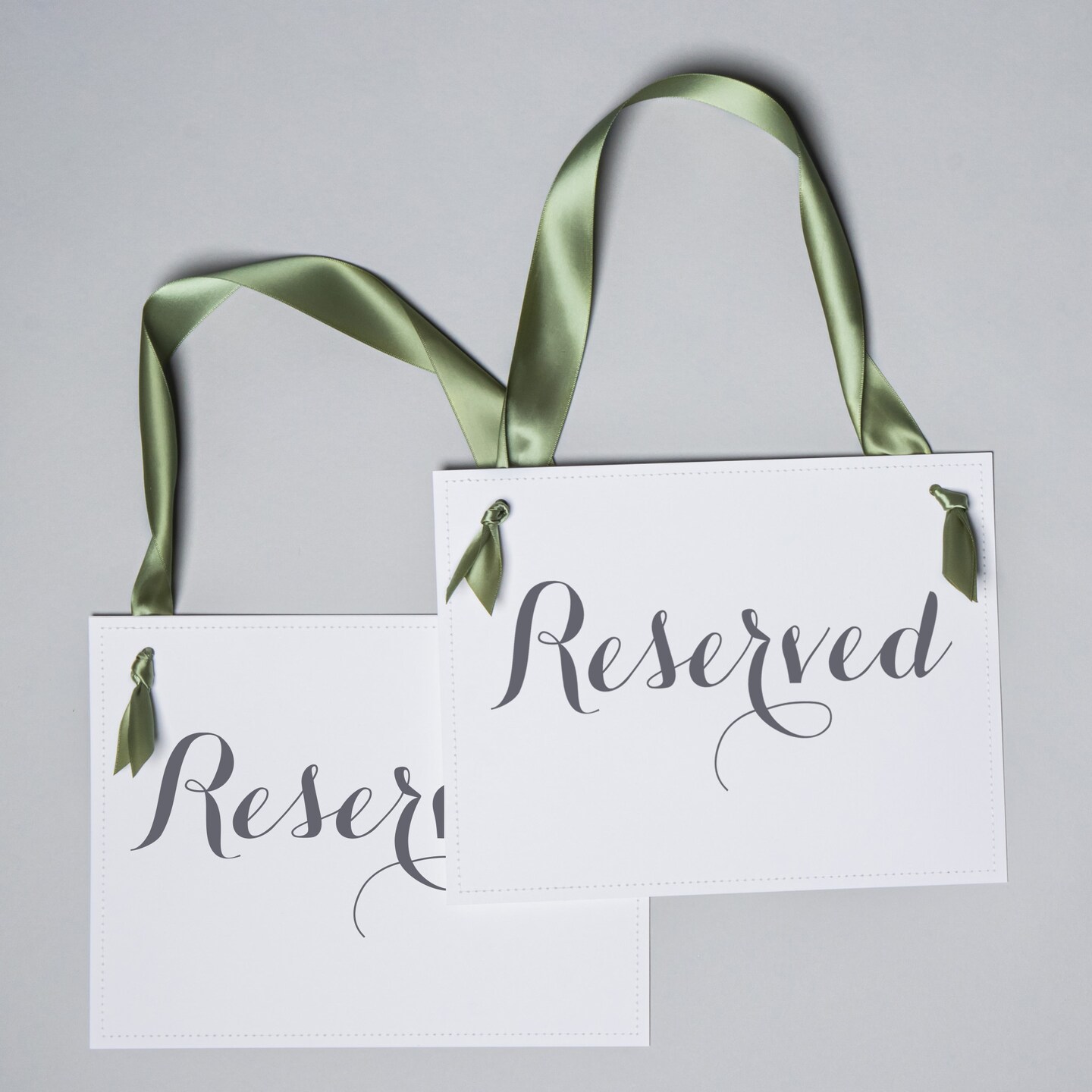 Ritzy Rose 2 Reserved Signs - Black on 11x8in Ivory Linen Cardstock with Moss Green Ribbon