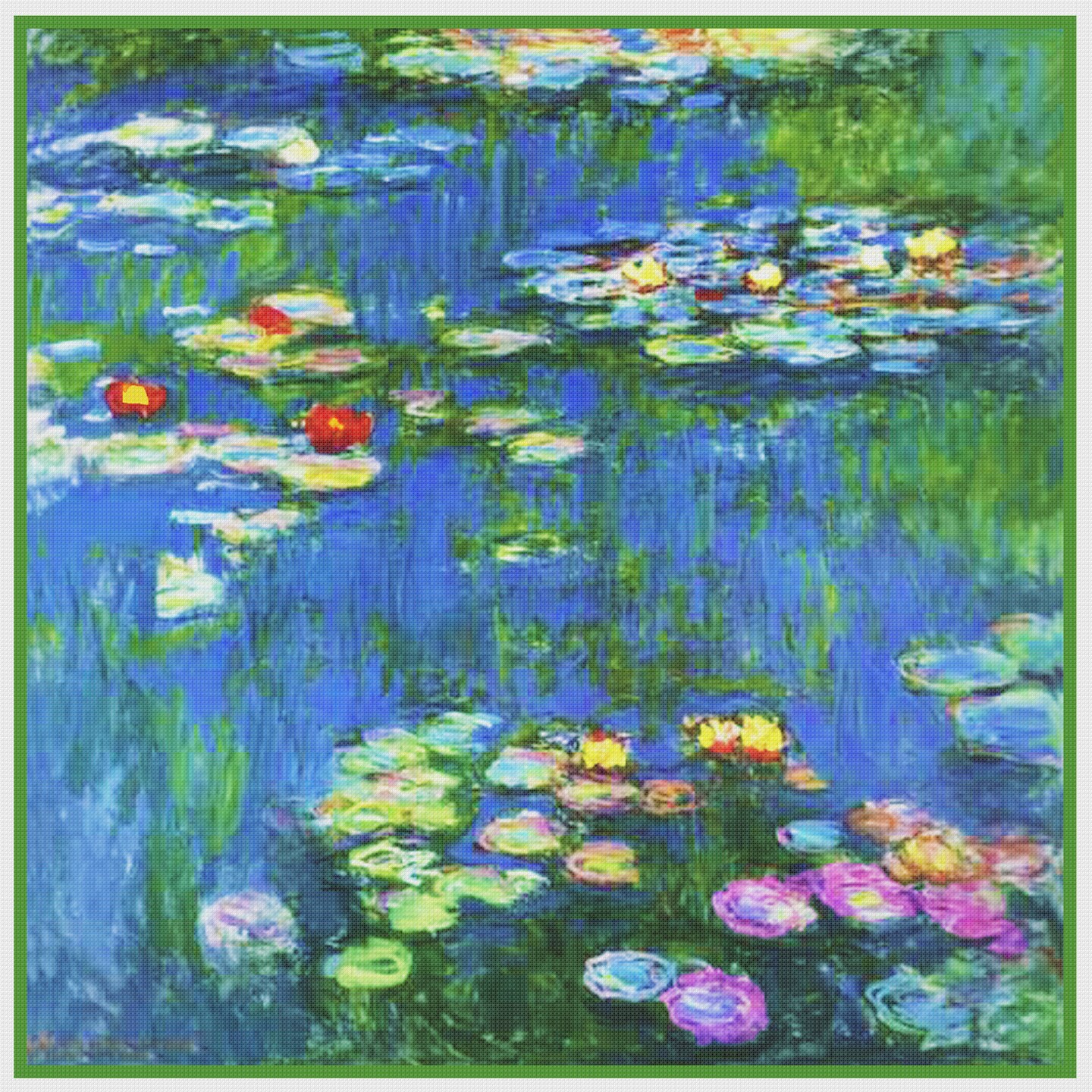 Water Lilies in Bloom detail inspired by Claude Monet's impressionist painting Counted Cross Stitch Pattern