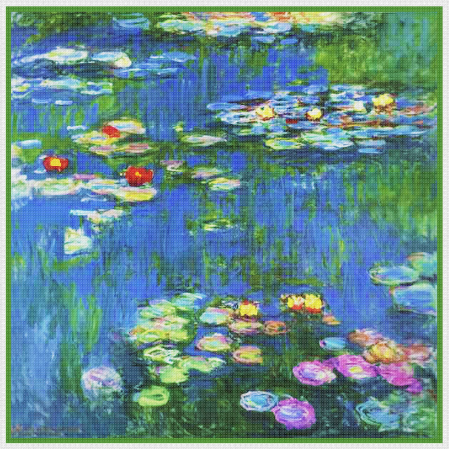 Water Lilies in Bloom detail inspired by Claude Monet&#x27;s impressionist painting Counted Cross Stitch Pattern