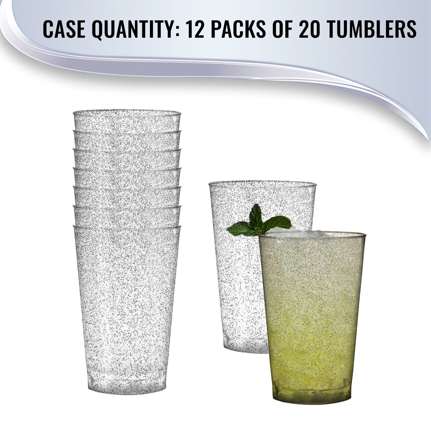 240 Cups, 12 oz. Clear with Silver Glitter Round Disposable Plastic Tumblers