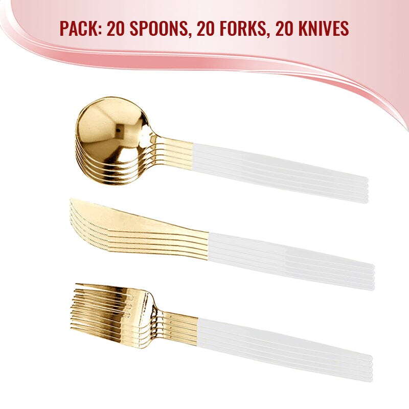 Gold with White Handle Moderno Disposable Plastic Cutlery Set - Spoons,  Forks and Knives (240 Guests)