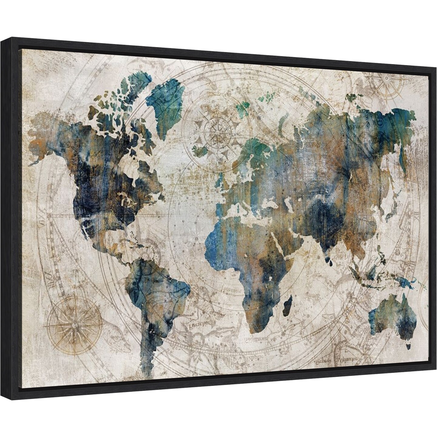 Celestial World Map (Blue) by Isabelle Z 23-in. W x 16-in. H. Canvas Wall Art Print Framed in Black
