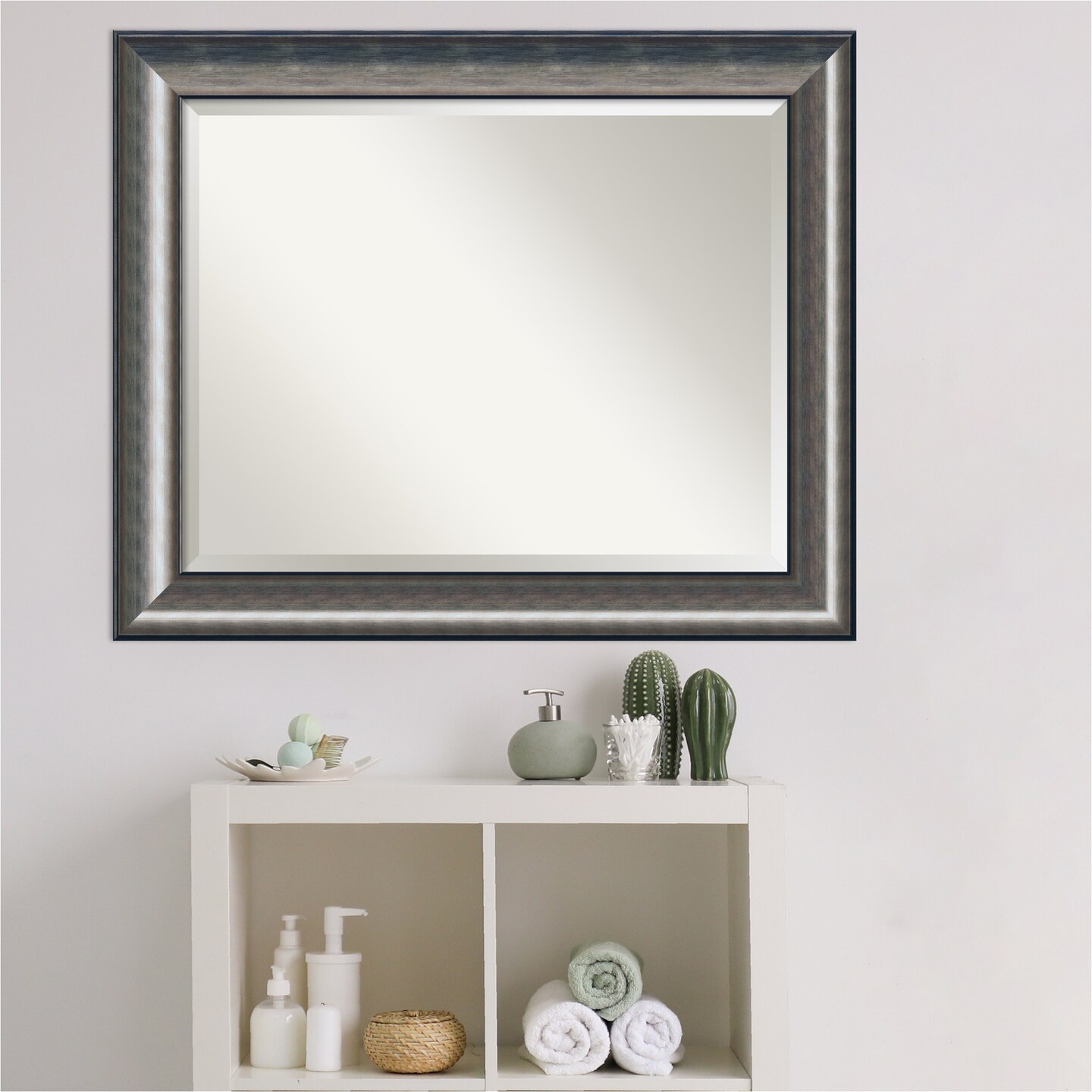 Beveled Wood Bathroom Wall Mirror, Quicksilver Scoop Frame