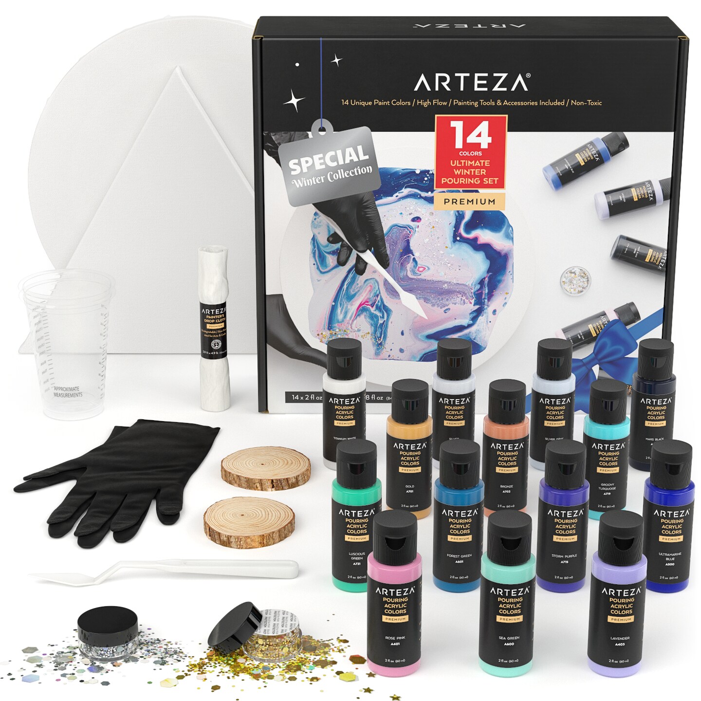 Arteza Acrylic Pouring Paint Kit, Including Canvases & Tools, 60ml