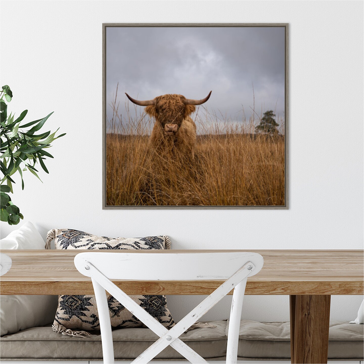 It wasn&#x27;t me (Highland Cow) by Gert van den 22-in. W x 22-in. H. Canvas Wall Art Print Framed in Grey