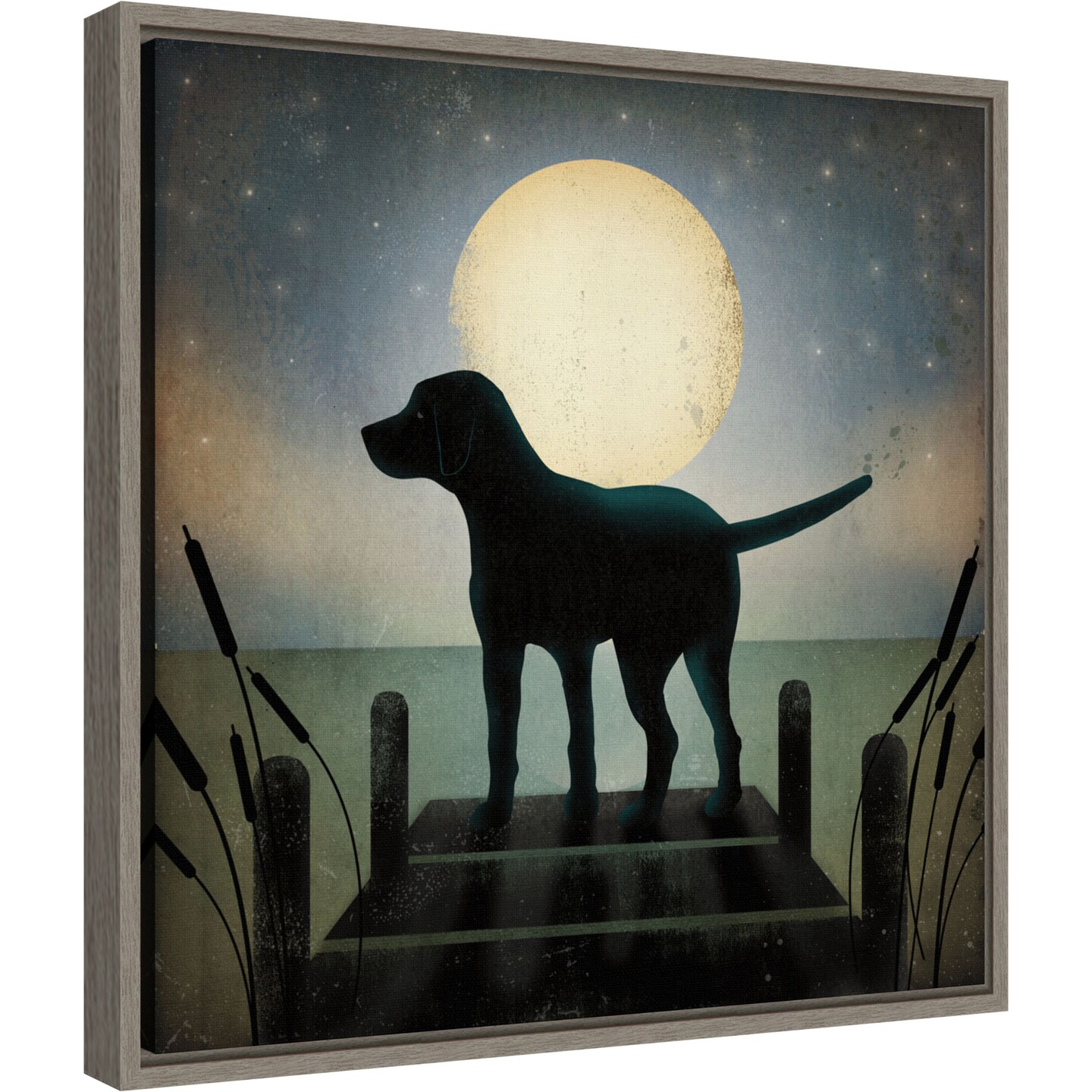 Moonrise Black Dog by Ryan Fowler 16-in. W x 16-in. H. Canvas Wall Art Print Framed in Grey