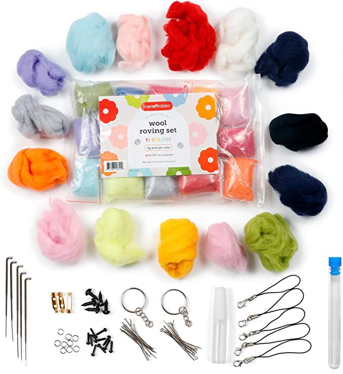 Incraftables Wool Needle Felting Kit (15 Colors). Best Wool Felting Kits  for Beginners, Pros, Adults & Kids. Wool Roving Felt Supplies Starter Set  with Plastic Eyes, Landyads, Keychains & Glue
