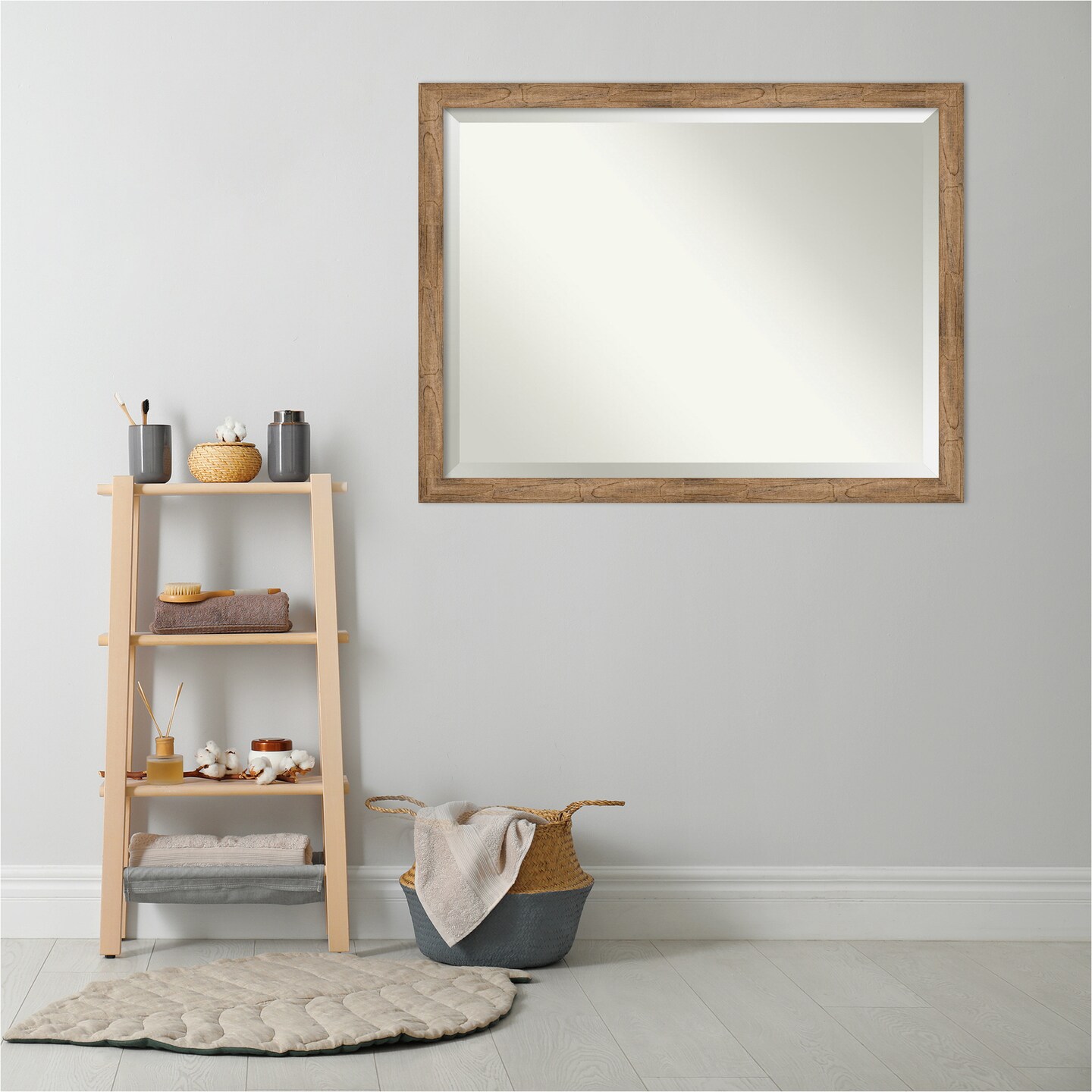 Beveled Wood Bathroom Wall Mirror, Owl Brown Narrow Frame
