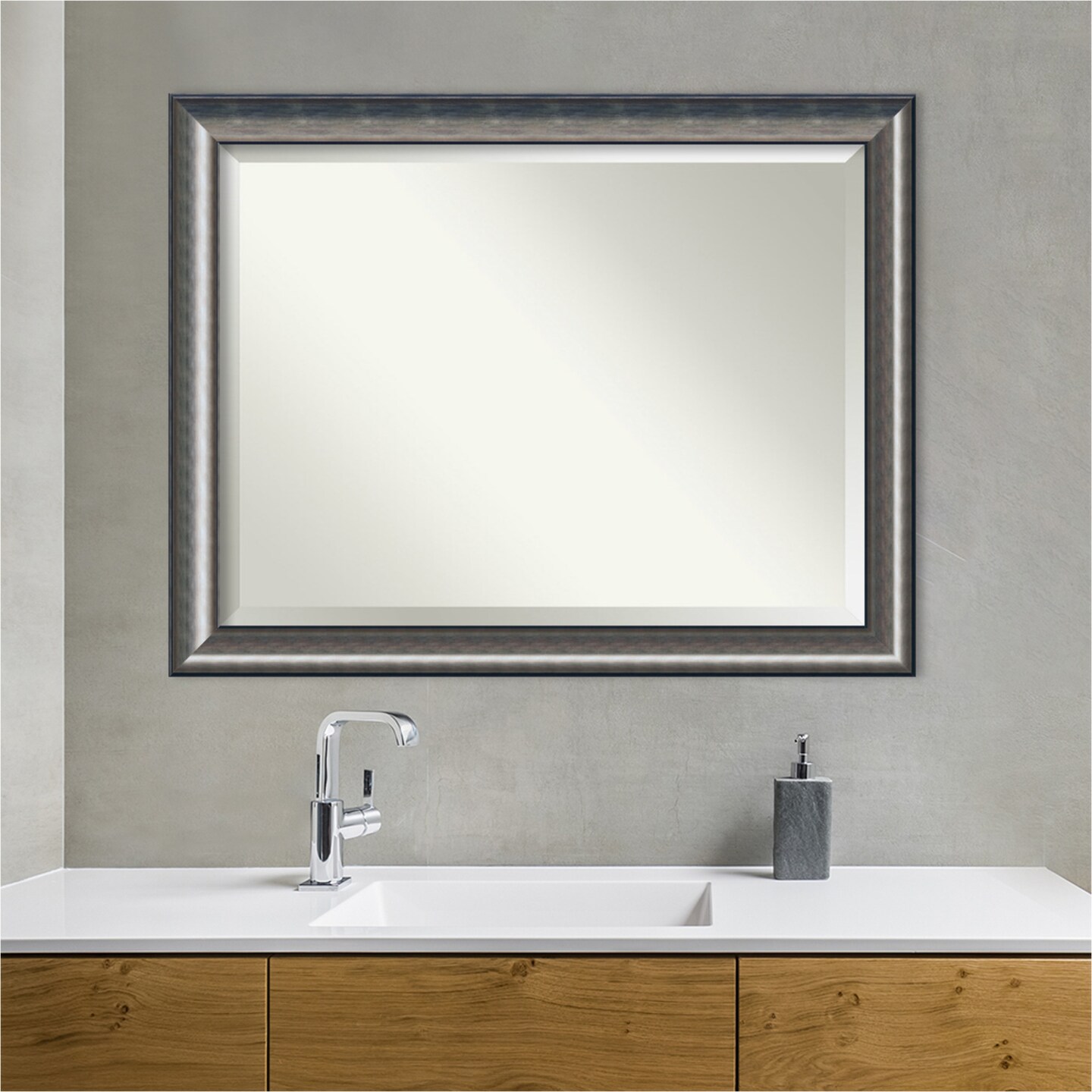 Beveled Wood Bathroom Wall Mirror, Quicksilver Scoop Frame