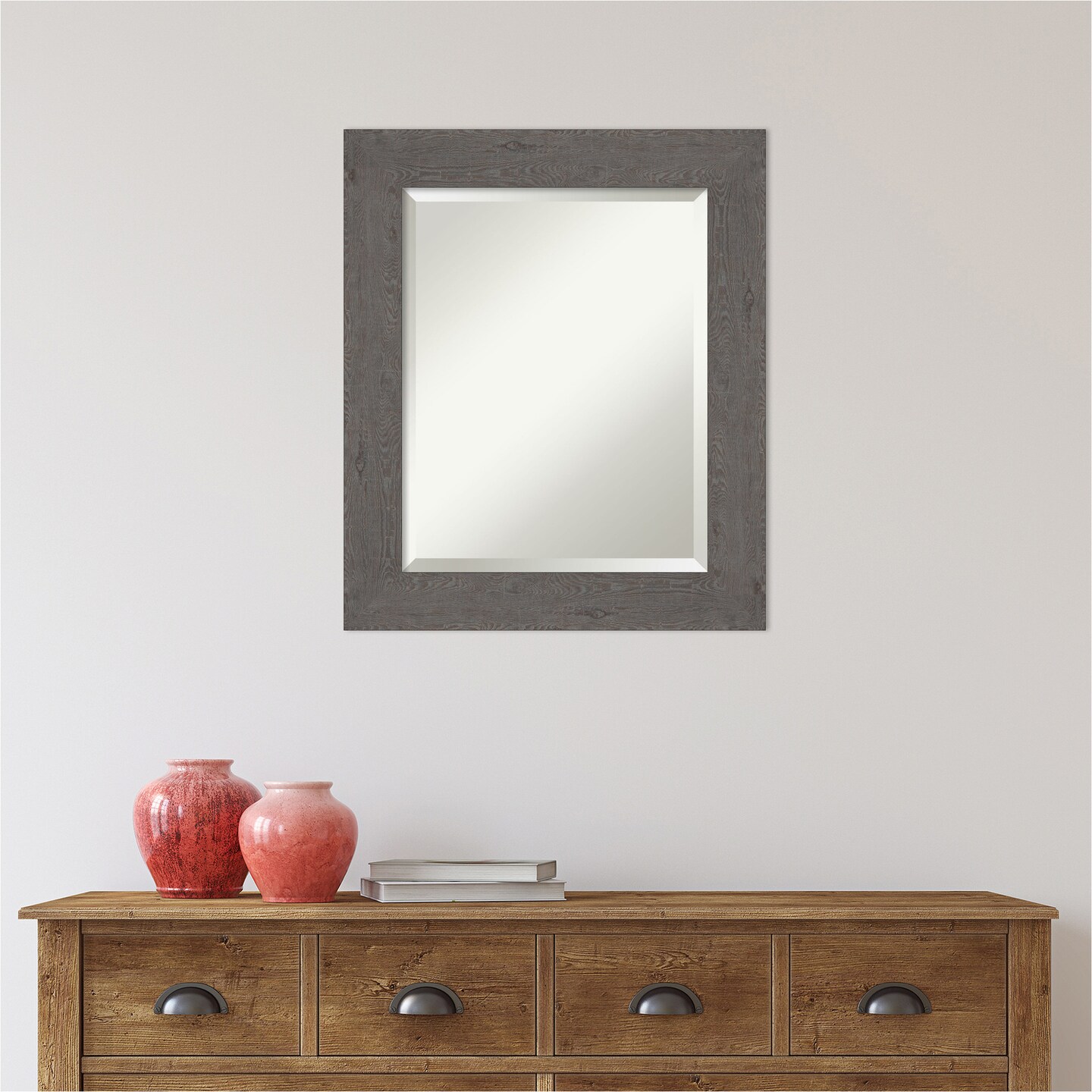 Beveled Bathroom Wall Mirror, Rustic Plank Frame