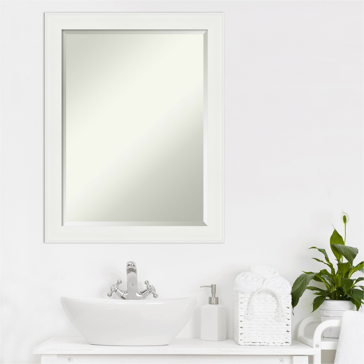 Beveled Bathroom Wall Mirror, Vanity White Narrow Frame