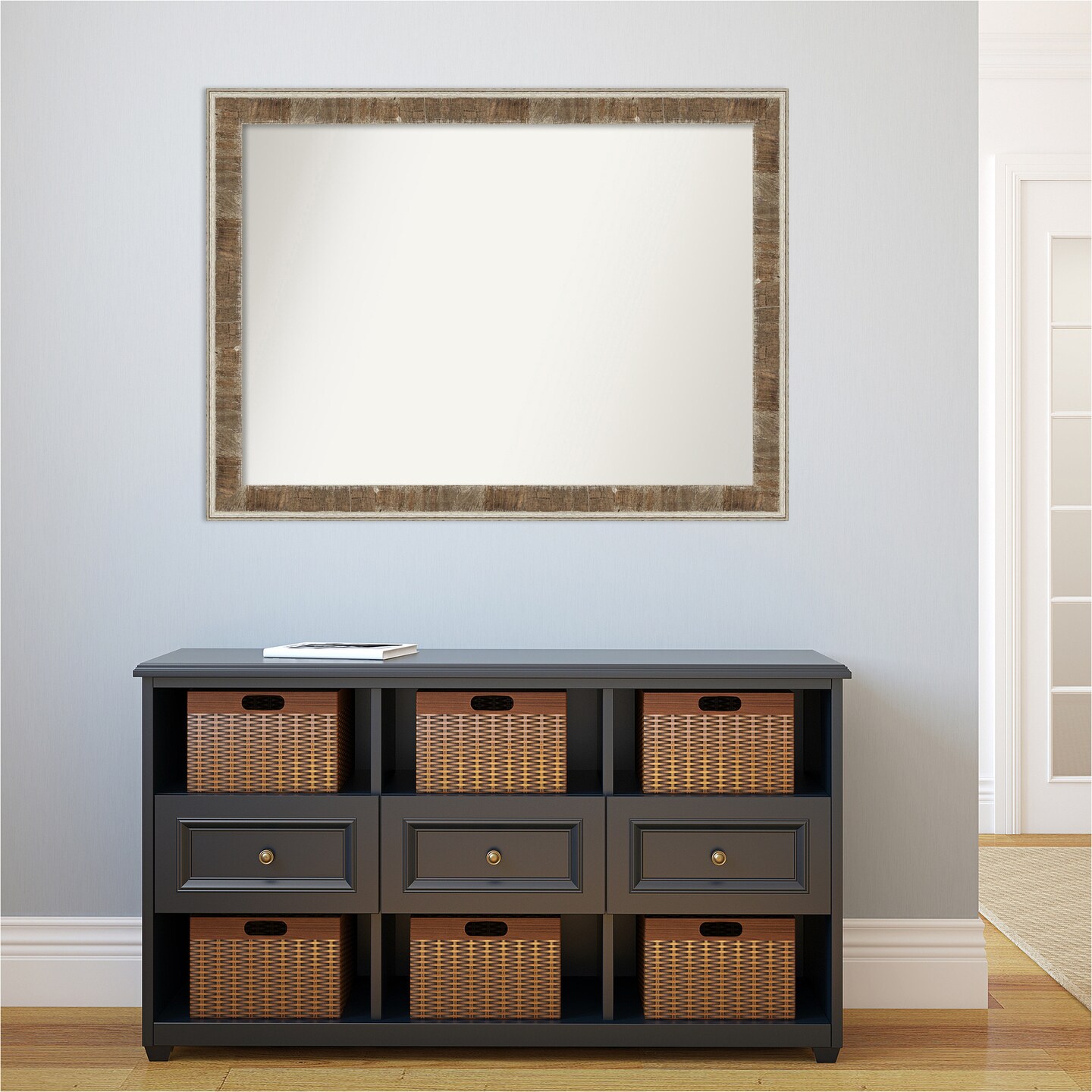 Amanti Art Non-Beveled Wood Wall Mirror, Farmhouse Brown Narrow Frame