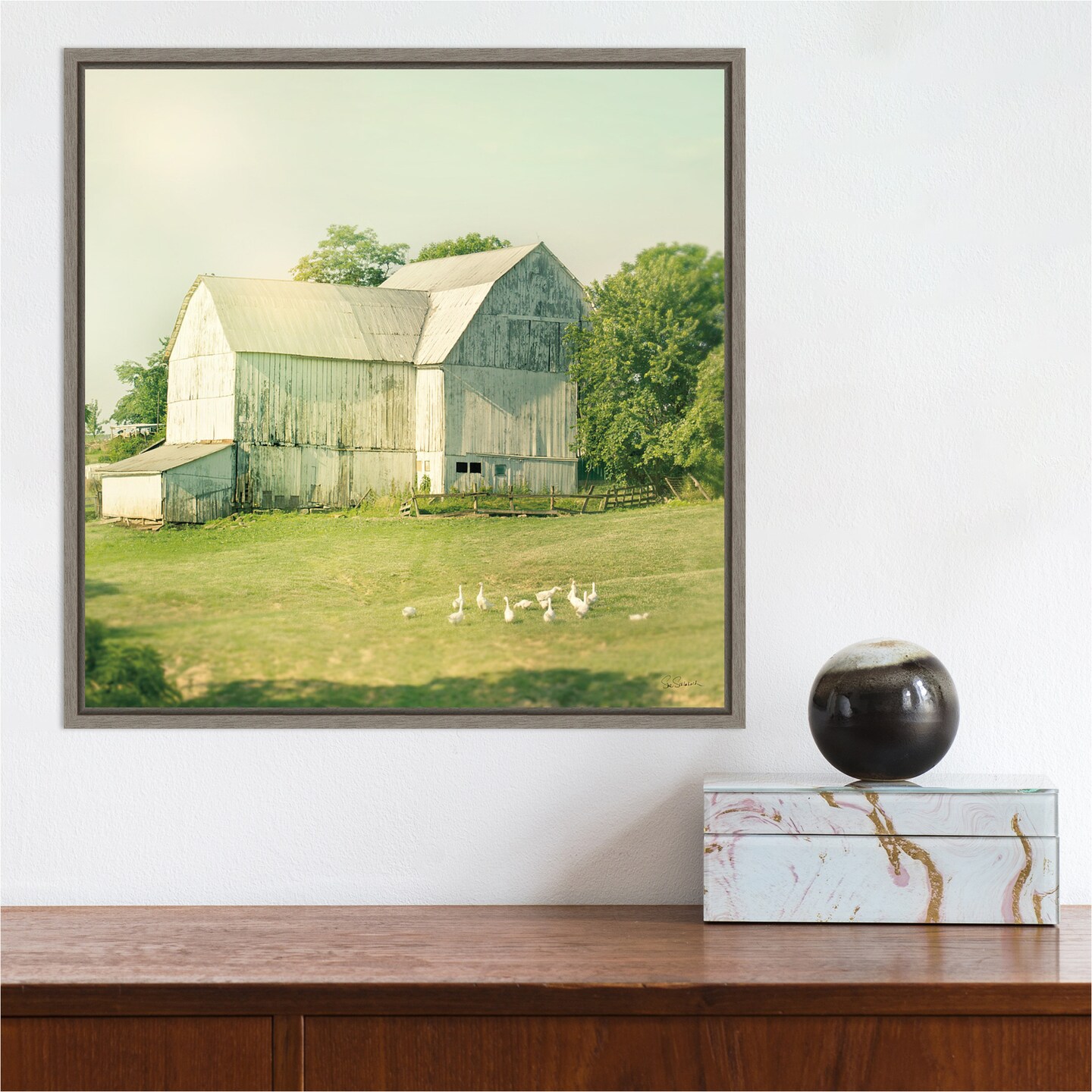Farm Morning III Square (Barn) by Sue Schlabach 16-in. W x 16-in. H. Canvas Wall Art Print Framed in Grey