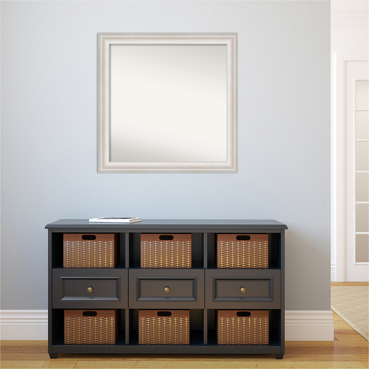Amanti Art Non-Beveled Wall Mirror, Trio White Wash Silver Frame