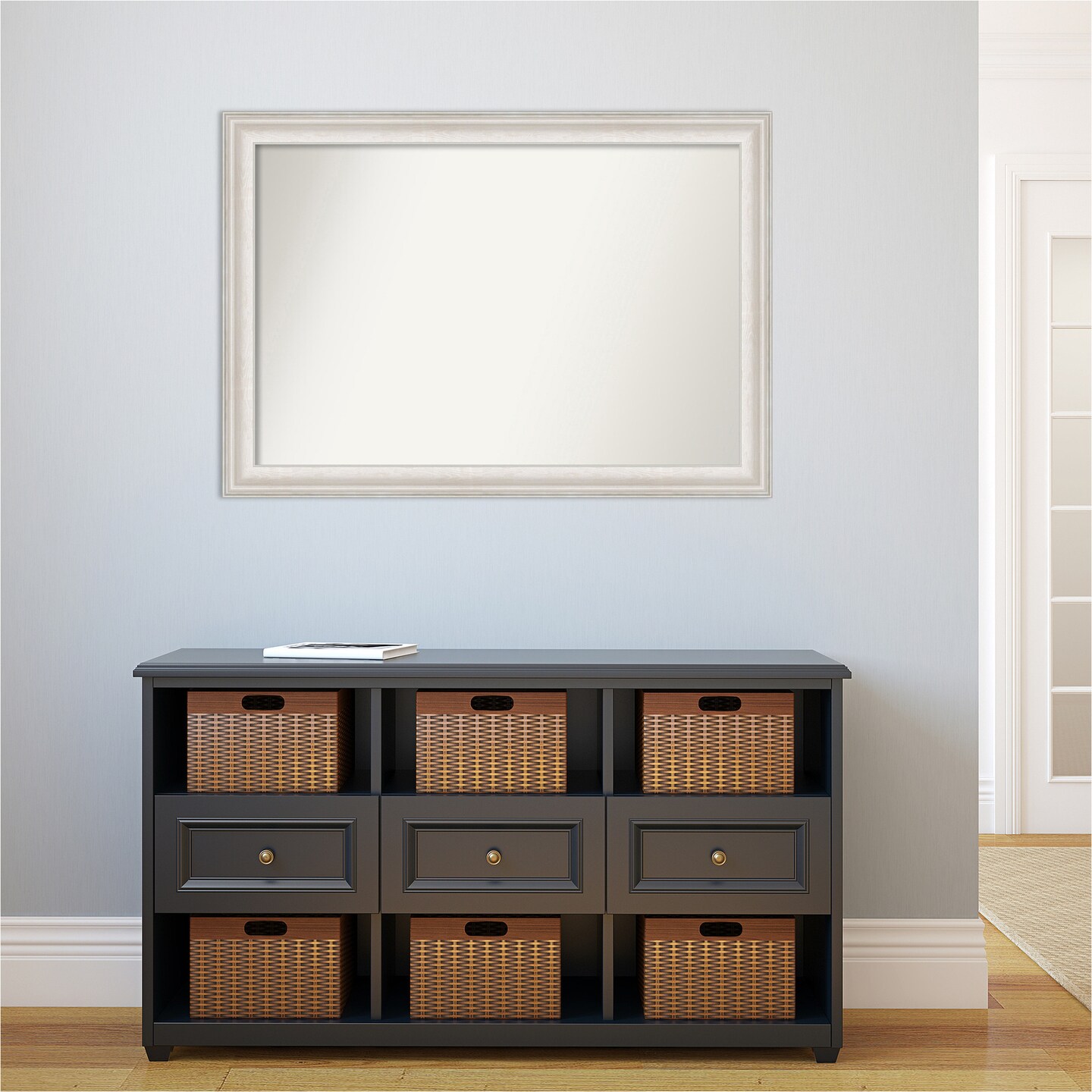 Amanti Art Non-Beveled Wall Mirror, Trio White Wash Silver Frame