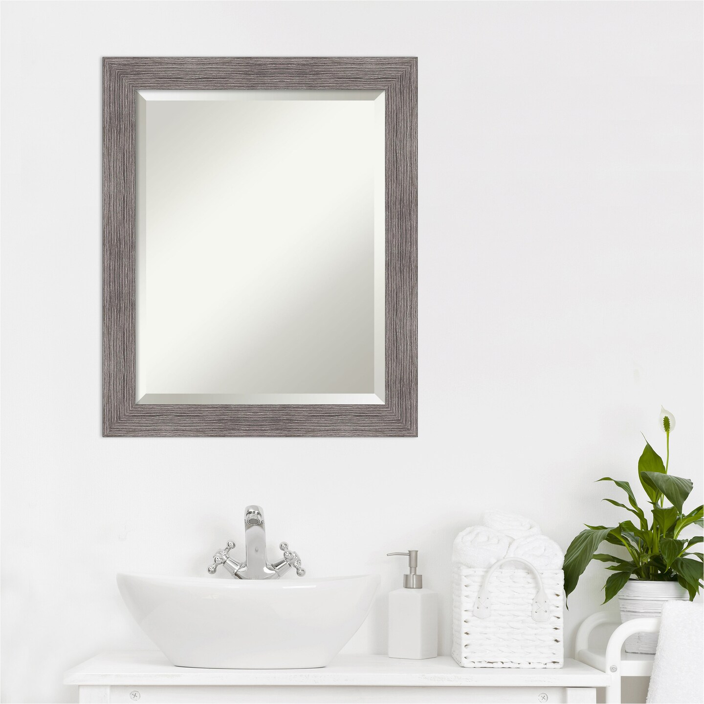 Beveled Bathroom Wall Mirror, Pinstripe Plank Grey Narrow Frame