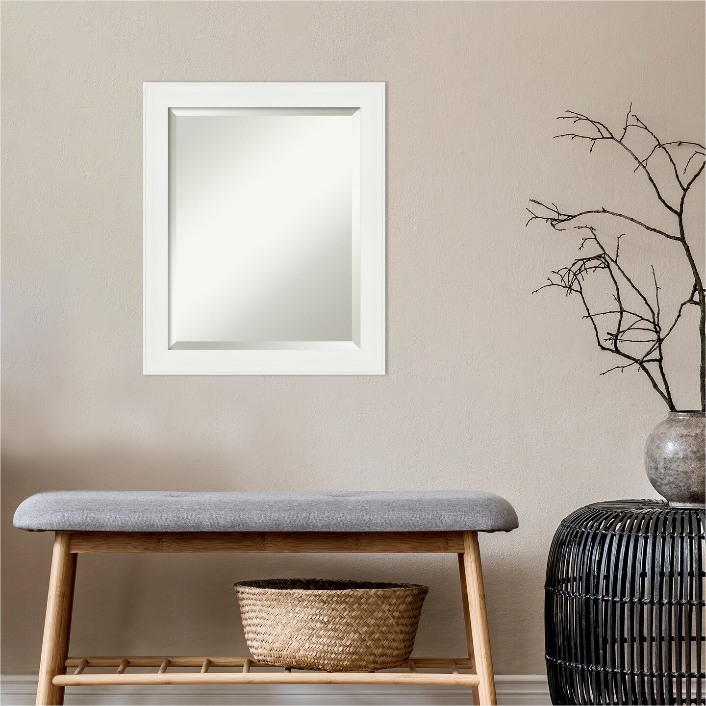 Beveled Bathroom Wall Mirror, Vanity White Narrow Frame