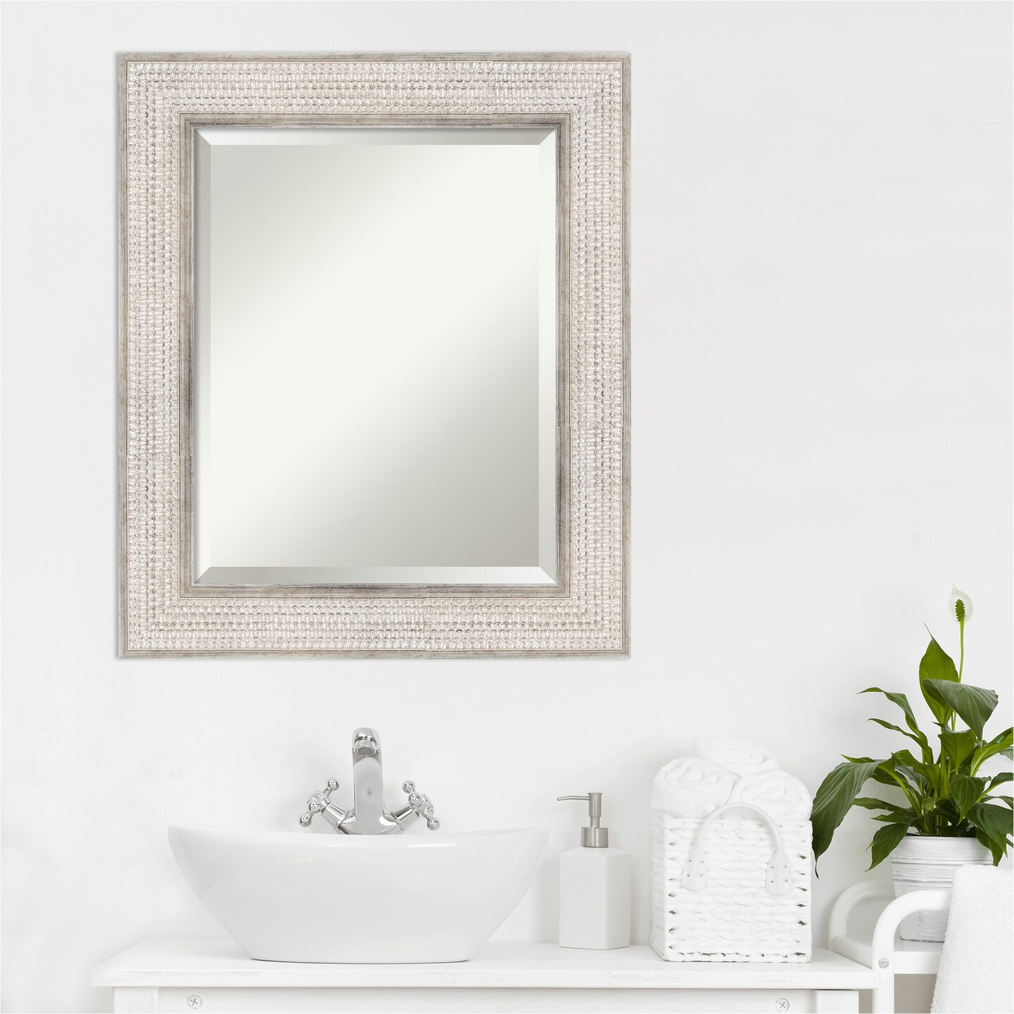 Beveled Wood Bathroom Wall Mirror, Trellis Silver Frame