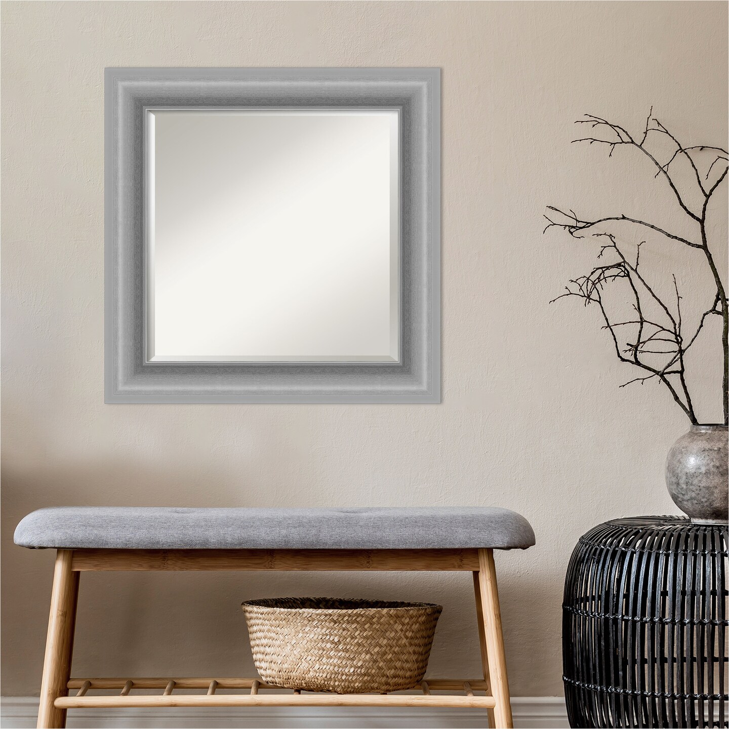 Beveled Bathroom Wall Mirror, Peak Polished Nickel Frame