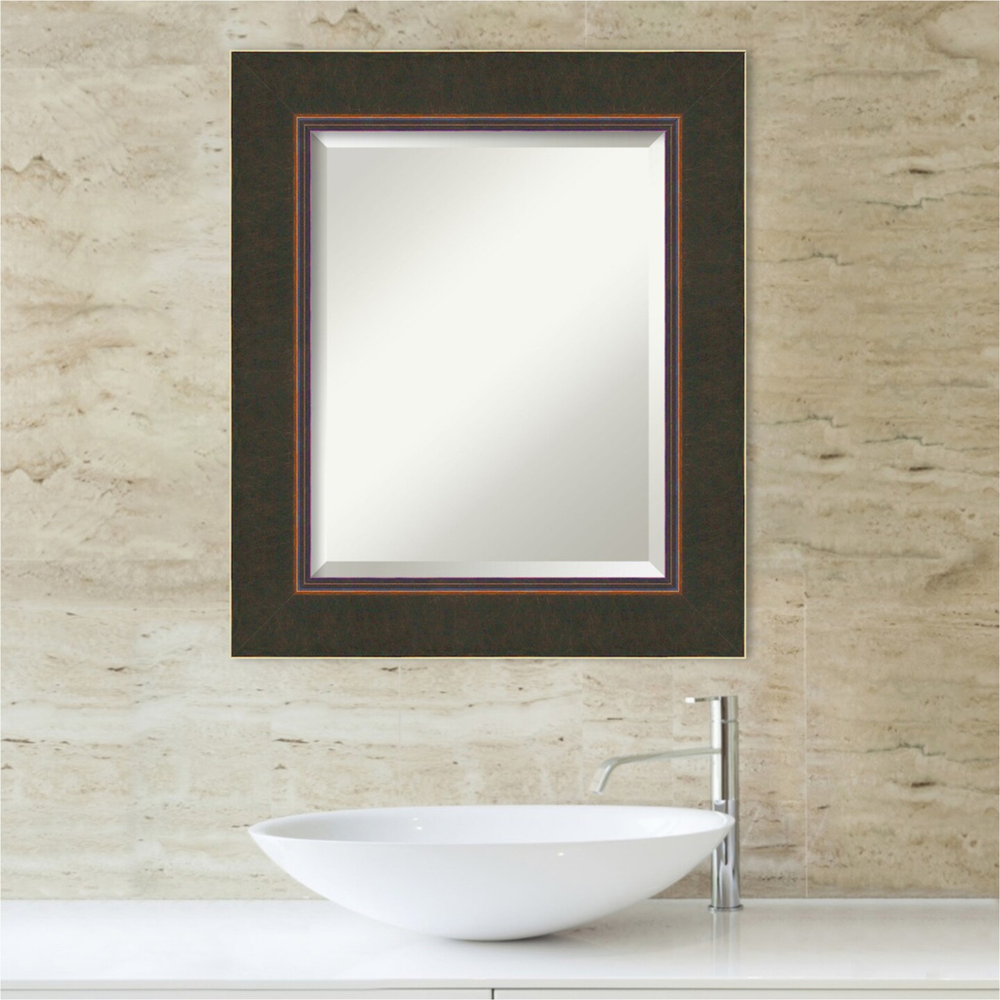 Beveled Wood Bathroom Wall Mirror, Milano Bronze Frame