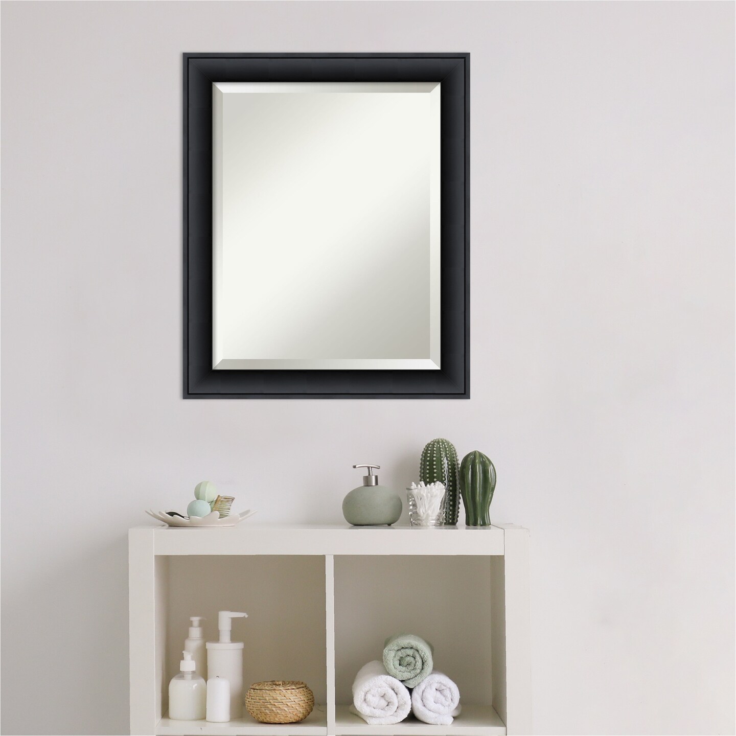 Beveled Wood Bathroom Wall Mirror, Nero Black Frame
