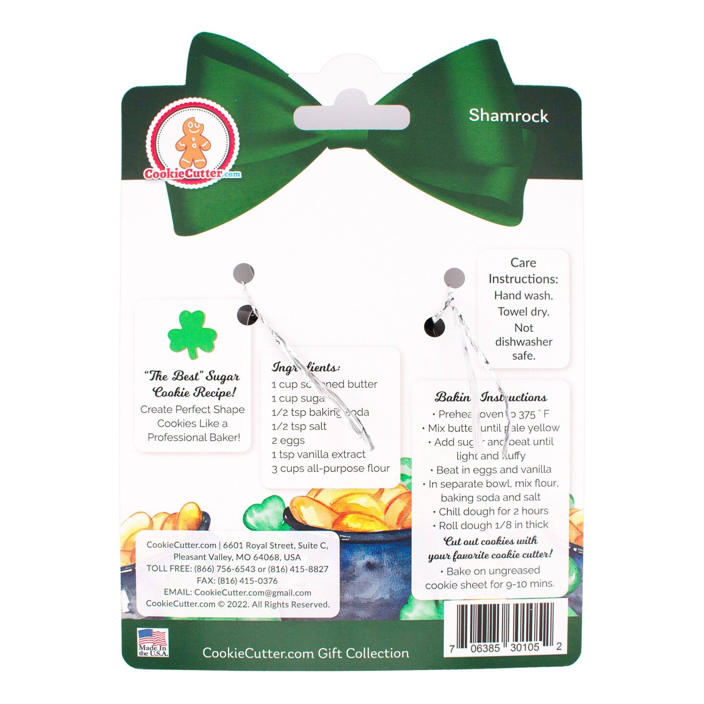 CookieCutter.com Shamrock Three Leaf Clover Cookie Cutter Set 3 Piece, Hang Tag Cookie Recipe Card, Large, Medium, Small, Tin Plate Steel, USA