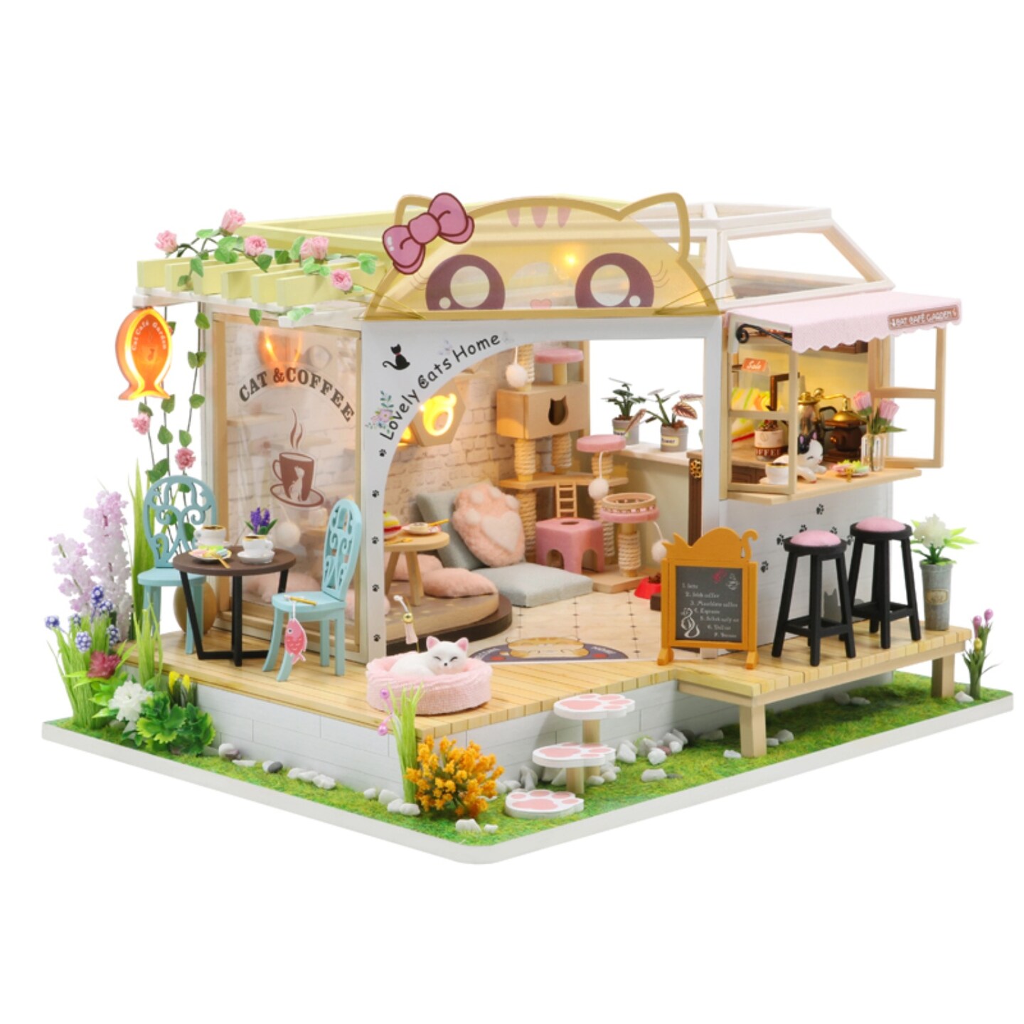 Robotime DIY Miniature Dollhouse Kit - Cat Cafe Wooden house with Back Garden & LED Light Furniture - Perfect Gift for Kids, Girls