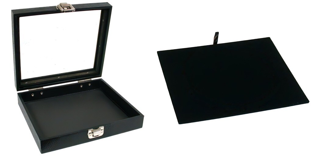 Black Sqaure Glass-top Case (Single Metal Latch) w/ Black Leather Pad Insert