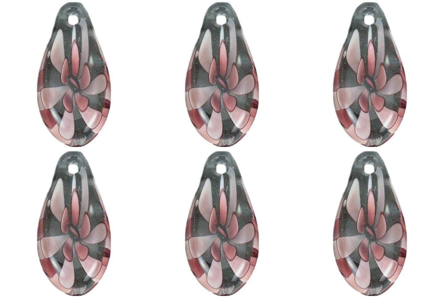 Purple Lampwork Glass Pendant Bead Teardrop Flower Pack of 6