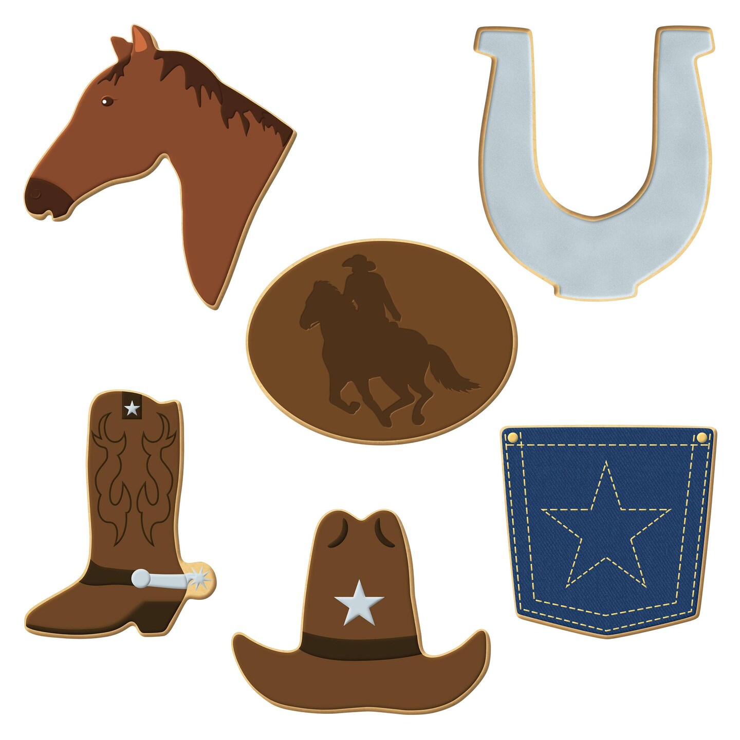 CookieCutter.com Rodeo Cowboy 6 Piece Cookie Cutters Set, Horse, Cowboy Boot, Hat, Horse Shoe, Back Pocket, Tin Plate Steel, USA