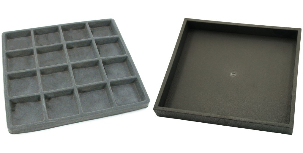 Black Open Square Stackable Jewelry Display Tray w/ Gray 16-slot Plastic Tray