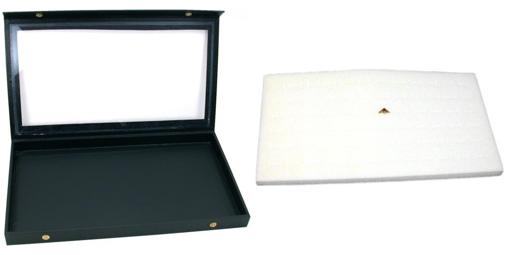 Black Glass Top Jewelry Case (Snap close lid) w/ White 72-slot Foam Display Pad