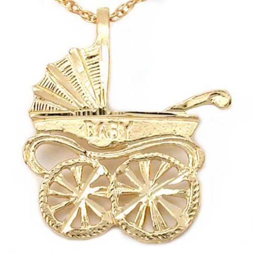 14K Gold Baby Carriage Charm 18&#x22; Chain Jewelry