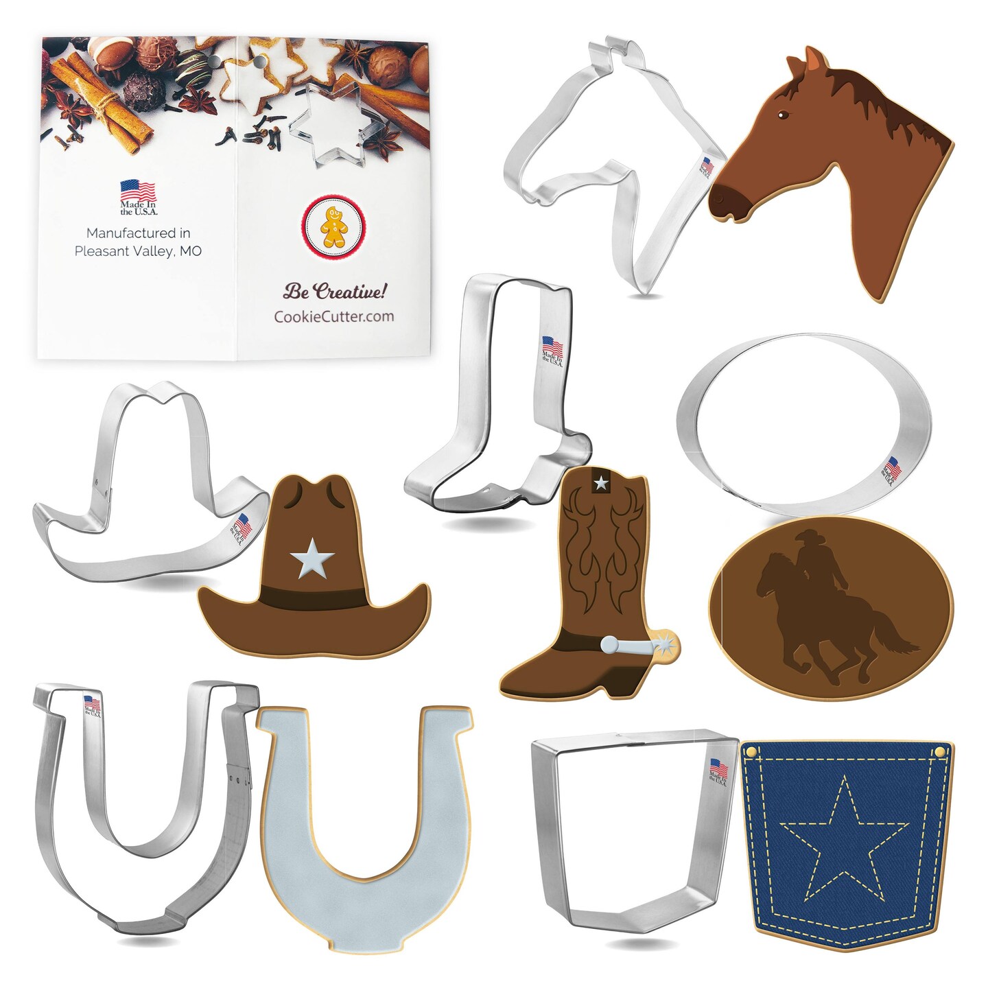 CookieCutter.com Rodeo Cowboy 6 Piece Cookie Cutters Set, Horse, Cowboy Boot, Hat, Horse Shoe, Back Pocket, Tin Plate Steel, USA