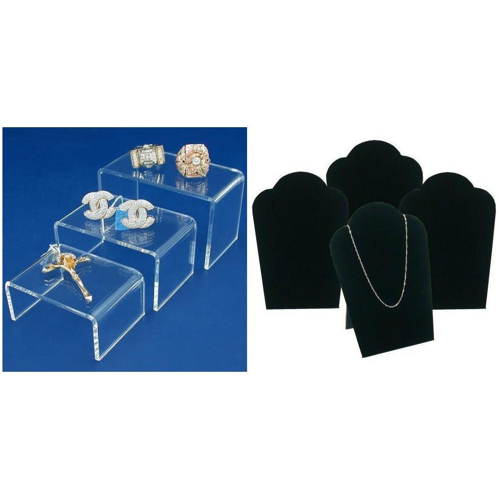 Clear Acrylic Risers Jewelry Displays &#x26; Black Velvet Necklace Bust Kit 7 Pcs