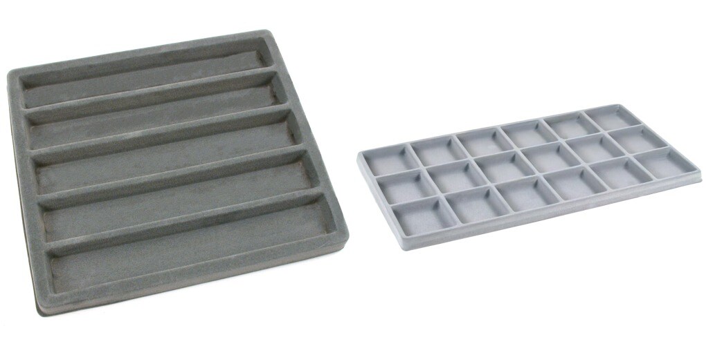 Five 18 Slot And Five 5 Slot Gray Flocked Jewelry Display Tray Inserts, Ten Total Inserts