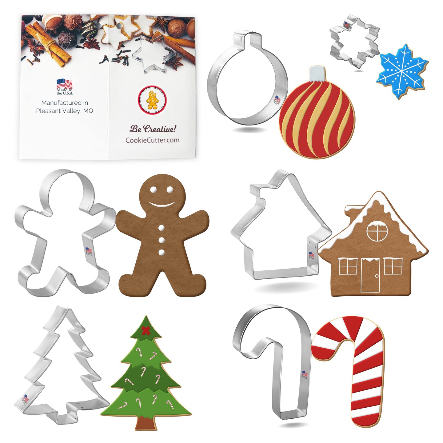 CookieCutter.com Gingerbread House 6 Piece Cookie Cutters Set, Christmas Tree, Gingerbread Man, House, Candy Cane, Tin Plate Steel, USA