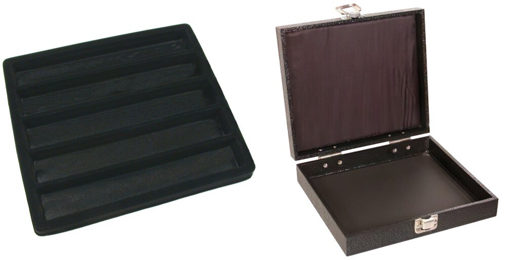 Black Square Jewelry Case (Single Metal Latch) w/ Black 5-slot Plastic Tray