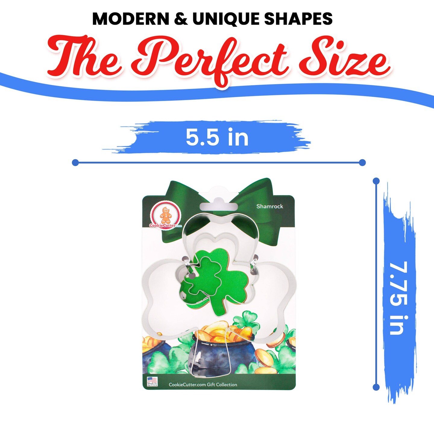 CookieCutter.com Shamrock Three Leaf Clover Cookie Cutter Set 3 Piece, Hang Tag Cookie Recipe Card, Large, Medium, Small, Tin Plate Steel, USA