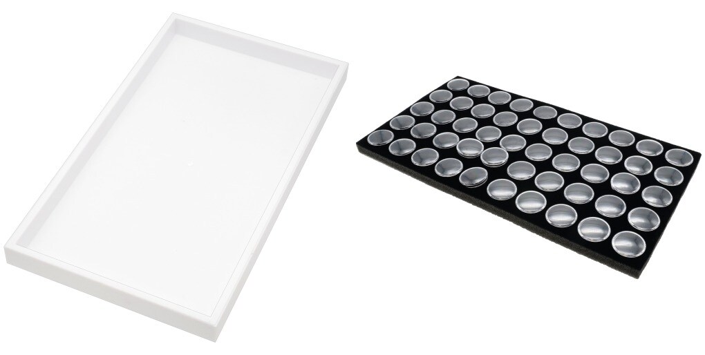 2 White Plastic Stackable Jewelry Display Trays w/ Black 50 Gem Jar Inserts