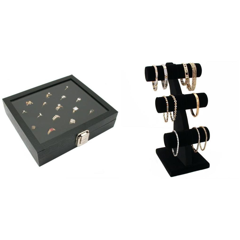 Glass Top Jewelry Case W/ Ring Foam Tray Insert & Velvet 3-Tier T-Bar Kit 3 Pcs