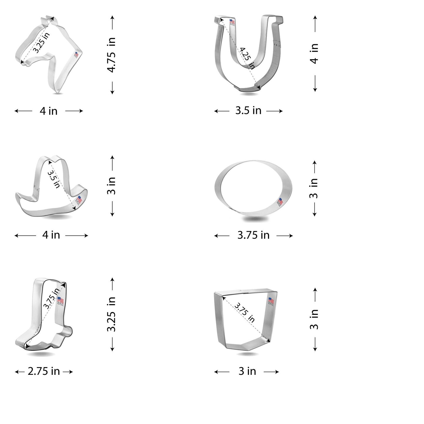 CookieCutter.com Rodeo Cowboy 6 Piece Cookie Cutters Set, Horse, Cowboy Boot, Hat, Horse Shoe, Back Pocket, Tin Plate Steel, USA