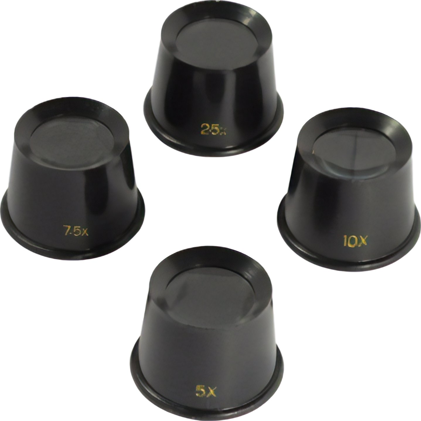 4 Piece Black Plastic Jeweler"s Eye Loupes With 2.5x, 5x, 7.5x, And 10x Power