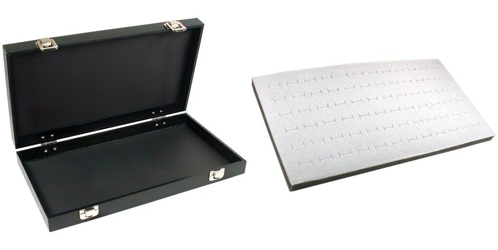 Black Jewelry Case (2xMetal Clasps & Removable Lid) w/ Gray 72-slot Foam Insert
