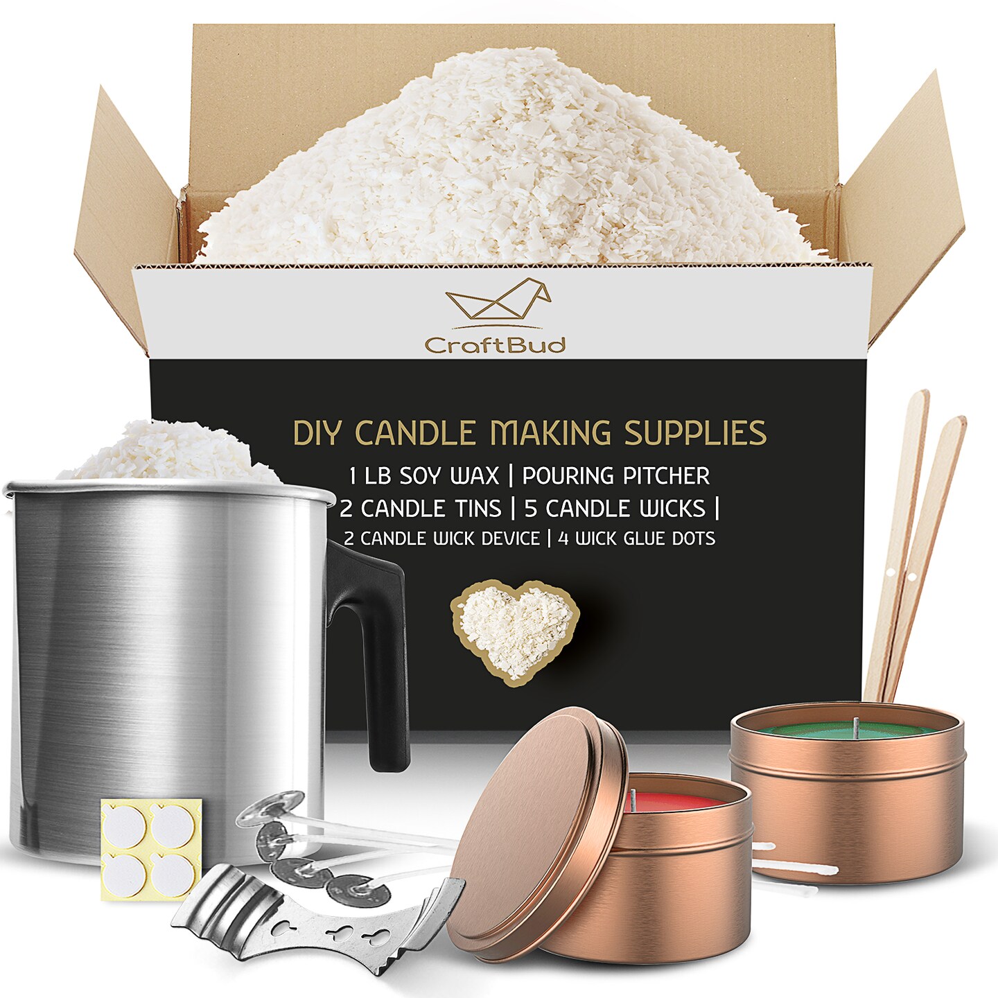 Craftbud Candle Making Kit - Candle Wax for Candle Making, 12.4oz Natural  Soy Wax, 900ml Stainless Steel Pot, Cotton Wicks, Wick Stickers, Dye  Blocks, Mixing Spoon, and Metal Centering Tool 