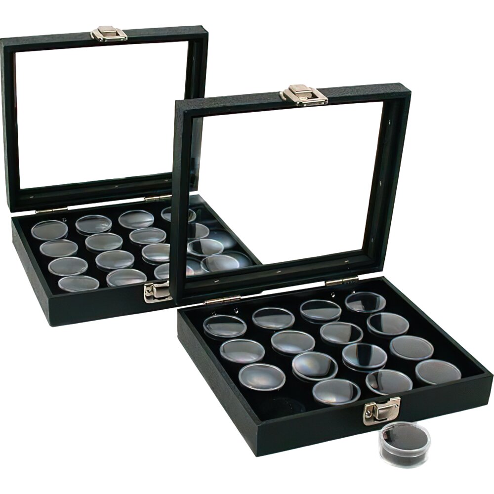 32 Gem Jars Black Display Tray Glass Lid Travel Case | Miscellaneous ...